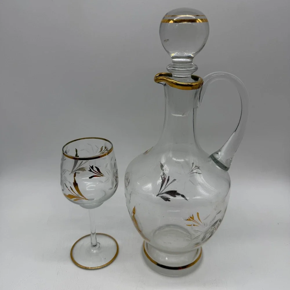 Vintage Etched Glass Decanter and Wine Glass Set Gold Silver Leaf Floral Design